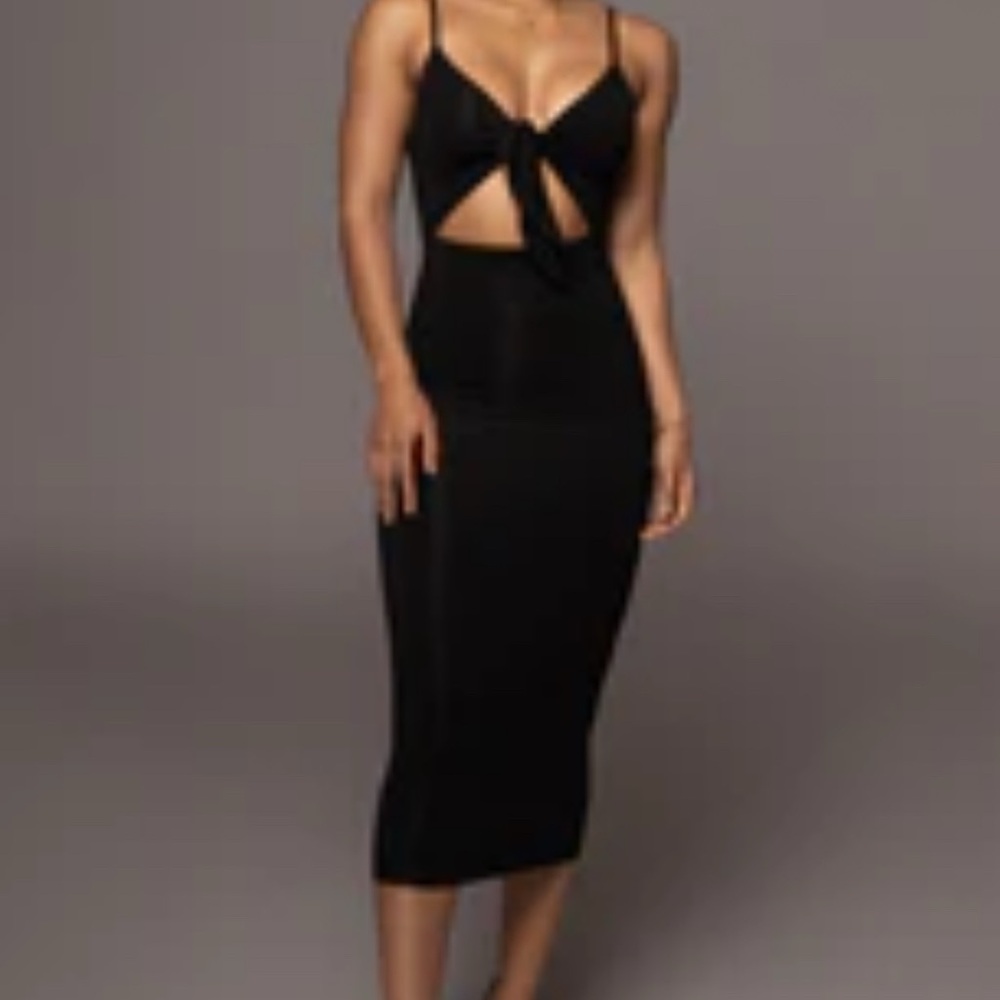 JLUXLABEL Black Bodycon Midi Dress Spaghetti Strap